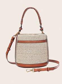 Bolso de paja estilo bohemio tipo barril pequeño - Bolso convertible tipo tote inspirado en diseñadores para playa o commute, bolso de hombro reversible con detalles de patchwork (nuevo lanzamiento de verano)