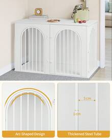 HaluPeit Dog Cage Furniture, 108 Cm Dog Crate For Home, 3 Doors, Arched Door, Modern Indoor Dog Crate For Dogs, Side Table, Heavy-Duty Dog Cage, 108 X 64 X 76 Cm, White - 白色 - 查看 6