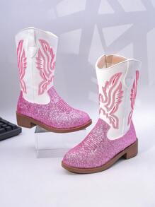 1 Pair Kids Boots, Pink Sequined Embroidered Western Cowboy Boots, Mid-Calf Zipper, Chunky Heel, Suitable For Daily And Holiday Wear