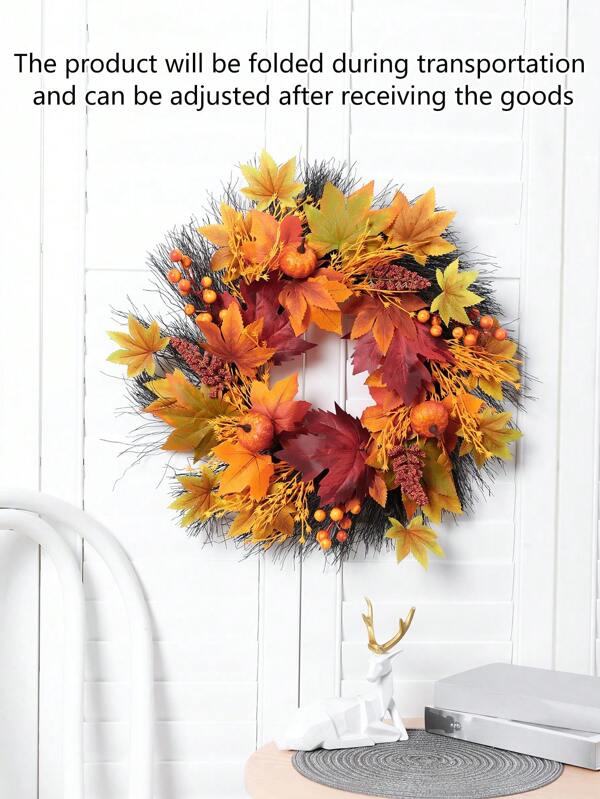 1pc 50cm Maple Leaf & Artificial Berry Wreath, Rustic Wooden & Vine Wreath, Home Decor, Aesthetic Room Decor, Autumn/Thanksgiving/Christmas Home Wedding Fireplace Party Decoration,Fall Decor,Autumn