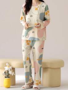 2 件套女式套头长袖睡衣套装，包括长裤，春秋室内服装