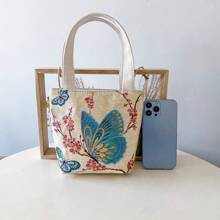 Summer New Fashion Mini Handbag, Double-Sided Gold Thread Embroidered Adorable Women Purse, Tote Bag, Butterfly Design