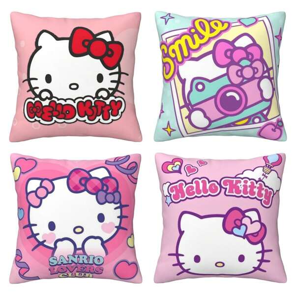 Sanrio 4pcs Sanrio Cute Hello Kitty Color Print Throw Pillow - Cartoon And Anime Patterns Style Throw Pillow Cover, Short Plush Material, Soft Comfortable Sofa And Bed Decor, 45.72X45.72 Cm(Pillow Core Not Included).