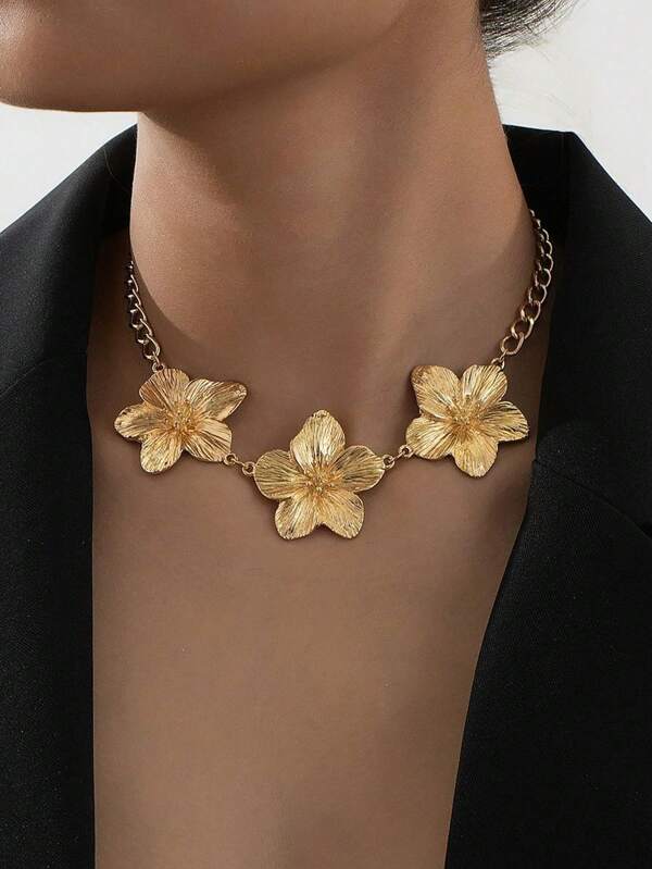 1 pieza Elegante collar colgante con diseño de tres flores multicapa de metal, accesorios de joyería floral para uso diario de mujeres
