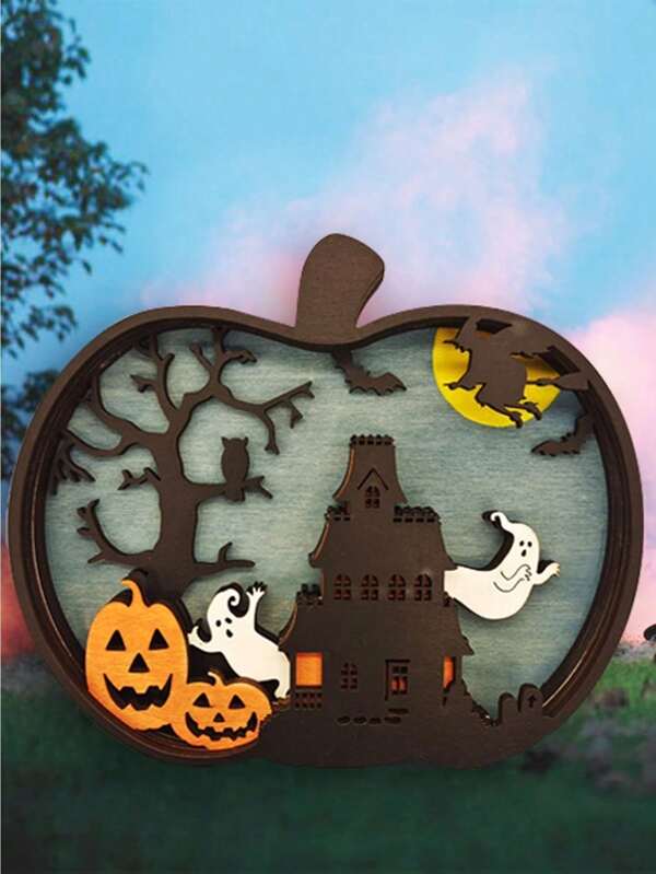 1 pieza de artesanía de madera, decoración creativa con diseño tallado de calabaza para Halloween, adornos para el hogar