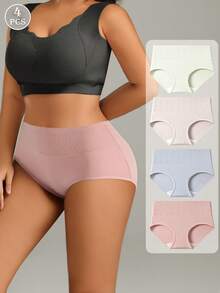 4 chiếc/gói Quần lót cotton không đường may, màu trơn, cạp cao, thoải mái dành cho nữ, mềm mại và thân thiện với da, cỡ lớn. - Nhiều màu - Xem 3