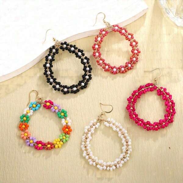 1 Pair Handmade Bohemian Beaded Hoop Earrings With Colorful Floral Design, For Women