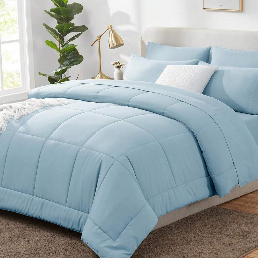 Light Blue Comforter Set Queen 7 Pieces Bedding Set Queen Light Blue Complete Queen Bed In A Bag With All Season Quilted Comforter, Flat Sheet, Fitted Sheet, Pillowcases - 藍色 - 查看 1