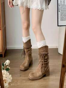 Fall/Winter 2025 New Arrivals Women's Retro Distressed Fringe Long Boots, Chunky Heel Over-The-Knee High Shaft Boots,Party