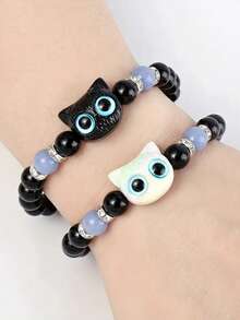2pcs Glow-In-The-Dark Cute Black And White Cat Necklace Bracelet Set Cartoon Kitten Couple Romantic Jewelry Set