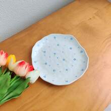 1pc Cute Blue Floral Ceramic Plate, Handmade Asymmetrical Glaze Underglaze Tableware, Home Daily Dish, Breakfast Bread Plate, Western Steak Pasta Plate, Dessert Cake Salad Fruit Plate, Holiday Gift For Girlfriend Boyfriend