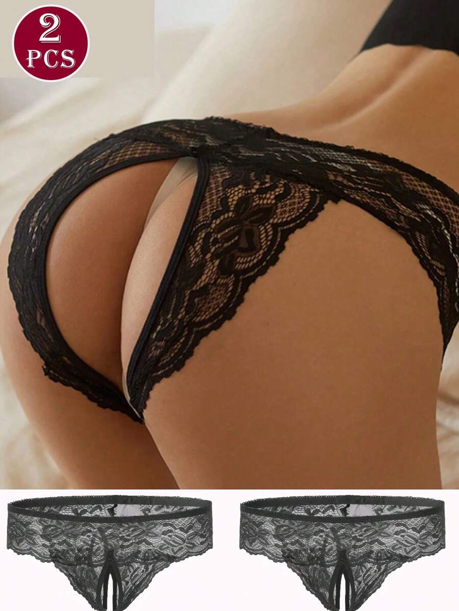 2 件时尚半透明镂空性感开裆内裤，女士柔软舒适日常内衣 - 黑色 - 查看 1