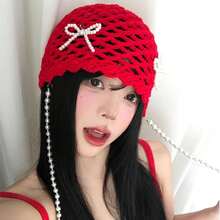 DIY Pearl Bow Pendant Hollow Handmade Knitted Pullover Hat Street Breathable Short Brim Personalized Skull Beanie Cap Korean - Red - View 1