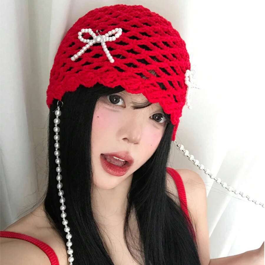 DIY Pearl Bow Pendant Hollow Handmade Knitted Pullover Hat Street Breathable Short Brim Personalized Skull Beanie Cap Korean - Red - View 1
