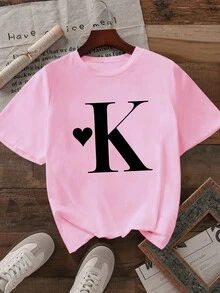 女士休闲短袖圆领 T 恤 - 粉色 - 查看 1