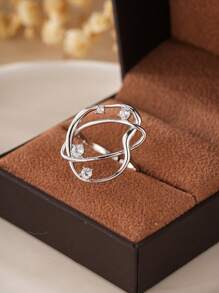 S925 Sterling Silver Multilayer Geometric Rhinestone Adjustable Open Ring, Fashionable Everyday Jewelry