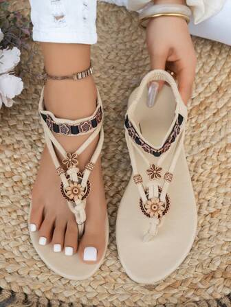 Women's Fashionable Bohemian Style Flat Sandals, Casual Versatile Slip-On, Suitable For Weddings, Parties, Outdoor, Beach