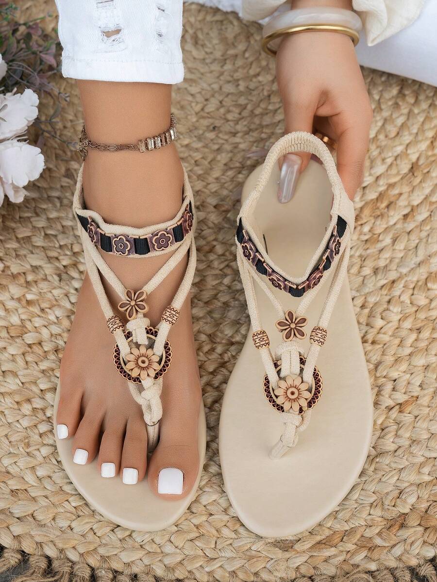 Dép đế bằng phong cách Bohemian thời trang dành cho nữ, dép xỏ ngón đa năng, thích hợp cho đám cưới, tiệc tùng, ngoài trời, bãi biển - Màu be - Xem 1
