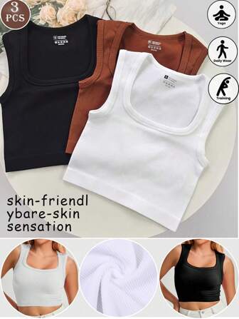 3pcs Racerback Camisoles, One-Piece Underlay & Outerwear Sports Bra, Yoga Workout Clothes, Breathable Seamless Base Layer Tank Top, High Elasticity Comfortable For Running