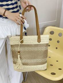 Colorblock Tote Bag With Tassel Decor, Perfect For Beach Vacation - Beige - View 2