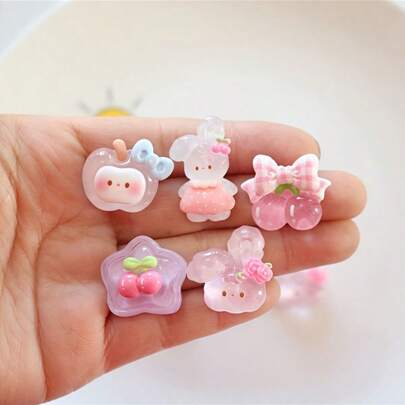 5/10/20 szt. Różowy przezroczysty akrylowy wisior z królikiem, wzór z kwiatem wiśni i kratką - płaskie, słodkie zawieszki z królikiem do etui na telefony DIY, rękodzieła, scrapbookingu | Piękne zawieszki dekoracyjne z królikiem | Błyszcząca powierzchnia, akcesoria dla królików - losowa mieszanka