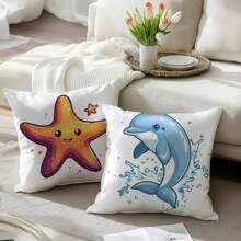 Starfish, Dolphin, Octopus, Jellyfish, Cute Cartoon Marine Life Series Printed Pillowcases, Suitable For Living Room Sofas, Bedroom Sofas, Beds, Car Decorative Cushion Covers [Single-Sided Printing] [Without Pillow Core]