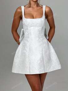 Vestido de verano de mujer WOWDARK de cuello cuadrado con lazo decorativo y tirantes de línea A