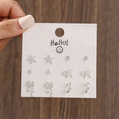 6pairs/Set Silver Plated Simple Heart And C Shape Stud Earrings For Women Gifts For Mom Or Girlfriend