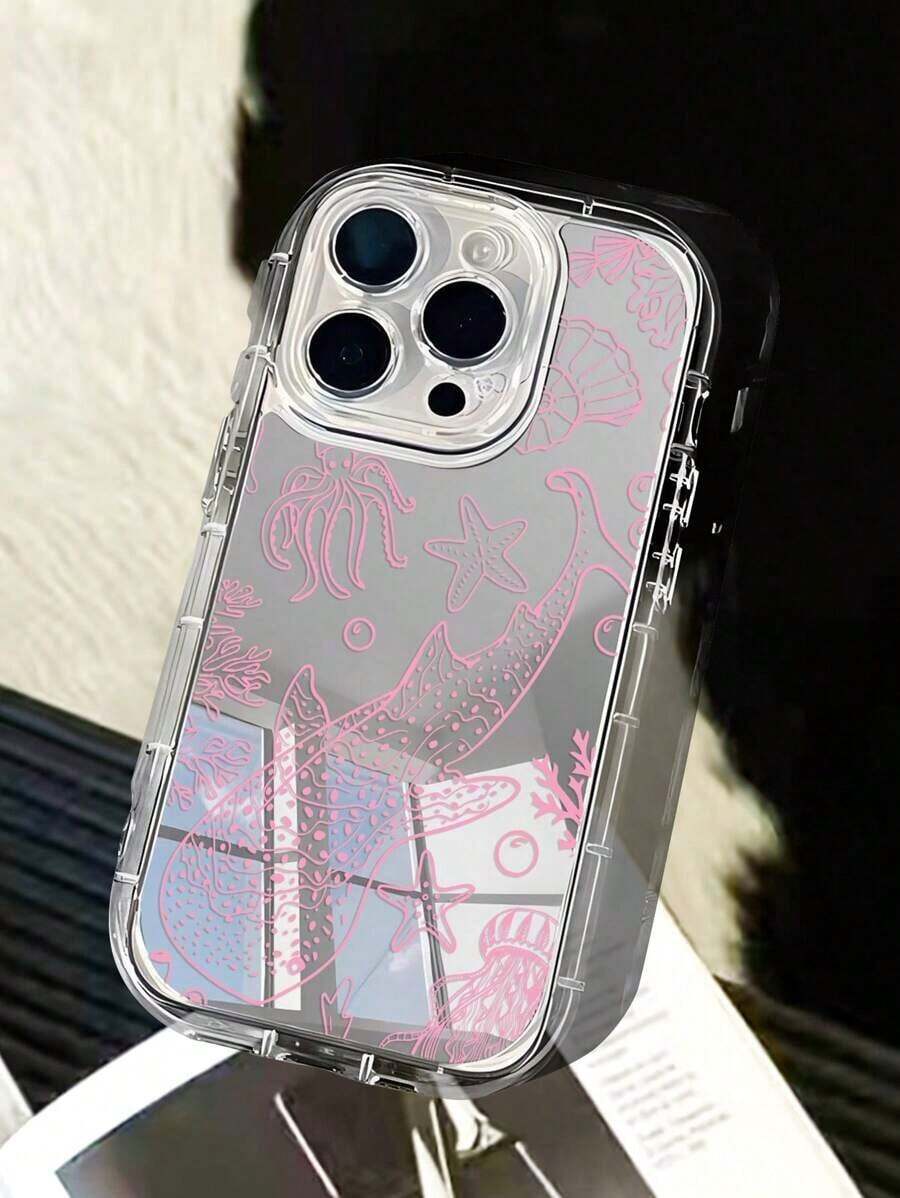 Funda para teléfono (1 unidad): Funda minimalista con dibujo lineal de ballena rosa en el océano. Compatible con phone 1, 12, 13, 14, 15 y 16 Pro Max. - Multicolor 2 - Ver 1