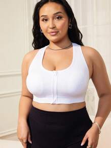 2pcs Plus Size Women Sports Bra With Zipper Front And Mesh Back, Curve Enhancing In Black & White