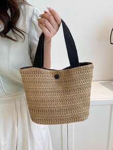 Casual, Versatile Straw Handbag For Travel/Vacation - Black - View 1