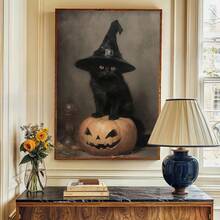 1pc/set áp phích vải in hình mèo đen bí ngô Halloween ma quái, áp phích mèo đen mũ phù thủy cổ điển, tranh vải sáng tạo áp phích và in hình nghệ thuật treo tường cho phòng khách hiện đại, quà tặng trang trí nhà cửa, không có khung - Nhiều màu - Xem 6