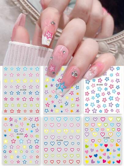 6pcs Dopamine Colored Star Manicure Stickers, 2D Colorful Heart-Shaped Star Macaron Pentagram Hollow Nail Jewelry, Glue-Back Nail Decals, Used For DIY Nails