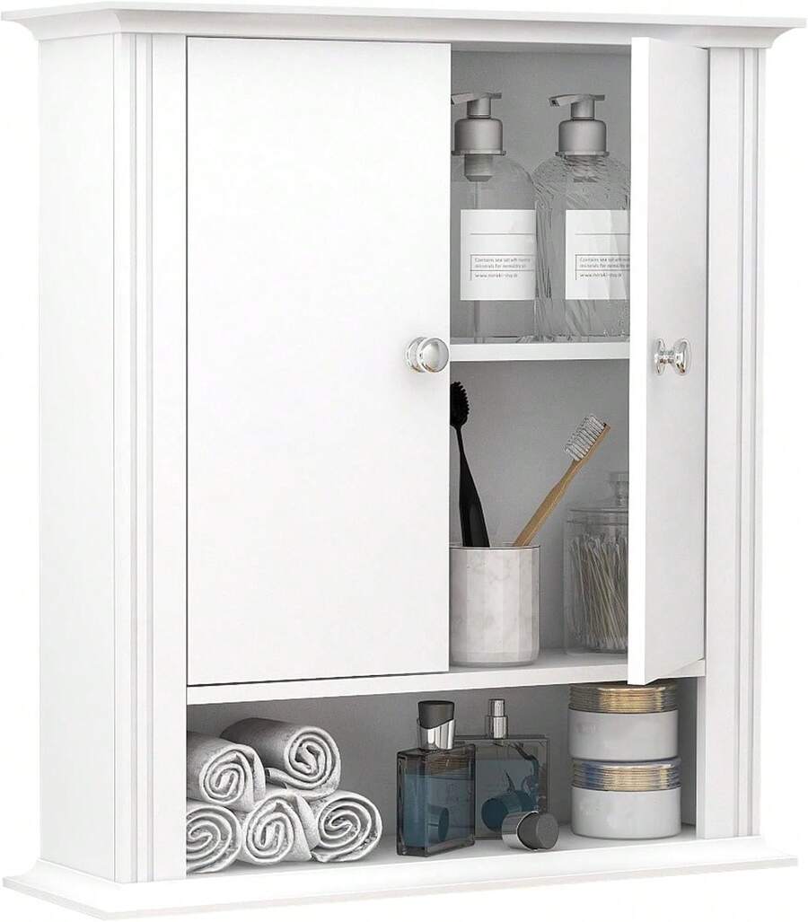 Wall Mounted Bathroom Medicine Cabinet With 2 Doors, Hanging Wall Cabinet Over Toilet, Upper Cabinet Storage Cupboard For Kitchen Laundry Room, White - 白色 - 查看 1