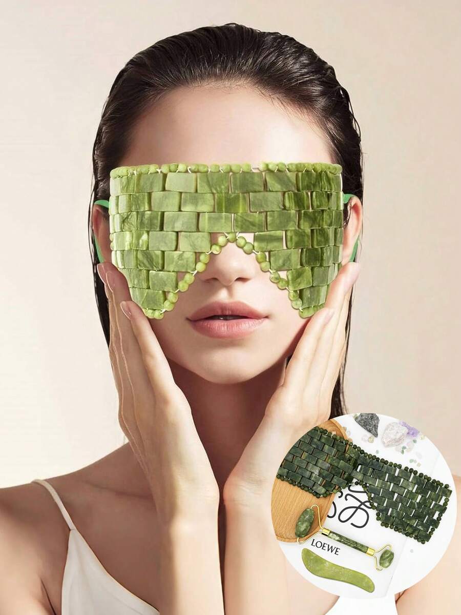 Set de 1/2/3 piezas de máscara facial y para ojos de jade natural, herramienta de terapia con piedras calientes/frías, masajeador de belleza para el cuidado de la piel en el hogar, spa y salón - Verde Oliva - Ver 1