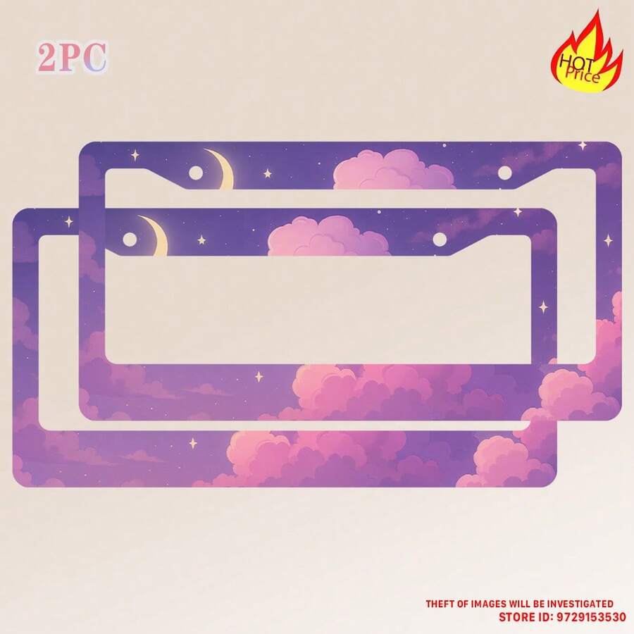 Purple Anime Cloud Moon License Plate Frame Night Scene License Plate Holder Auto Parts Rust-Proof Waterproof Car Decorative Frame Standard US 12x6 Inch 2PC - 12x6 inch - 查看 1