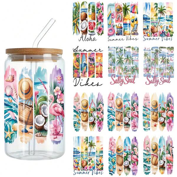 ELEWINS 12 Blatt UV DTF Becherbezüge für 16oz Becher - Sommerpinselstrich isolierte Becher Bezüge kratzfeste permanente Transfers für Glas & Tassen - Leicht ablösbare UV DTF Transfers für glatte Oberflächen, Schulmaterial, Rückkehr zur Schule