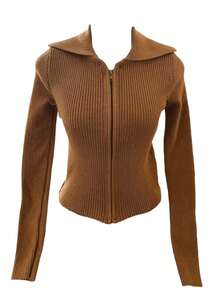 Knitted Cropped Cardigan Jacket With Ribbed Fashion Zipper Collar - 查看 1
