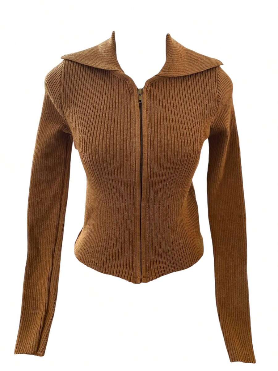 Knitted Cropped Cardigan Jacket With Ribbed Fashion Zipper Collar - 查看 1
