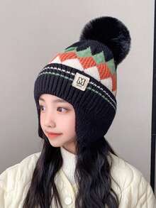 儿童冬季针织菱形无檐便帽，男孩和女孩保暖内衬耳暖帽，适合户外，年龄 3-8 岁