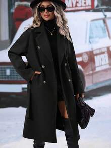 Women's Long Wool Coat With Belt And Double Buttons, Winter Overcoat - 黑色 - 查看 4