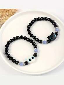 2pcs Glow-In-The-Dark Cute Black And White Cat Necklace Bracelet Set Cartoon Kitten Couple Romantic Jewelry Set