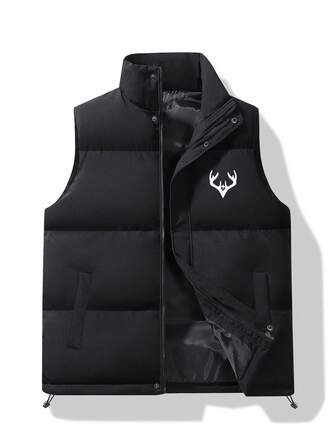 1pc Men's Printed Cotton Padded Vest, Windproof Jacket For Casual, Commuting, Outdoor Wear In Autumn/Winter