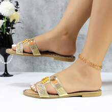 lunryet Women's Glitter Shiny Slide Sandals Slip-On Flat Slippers HONEY-133 - 金色 - 查看 6