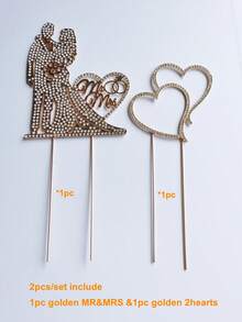 1pc/2pcs Gold & Silver Mr & Mrs Wedding Heart Cake Topper, Metal Crystal Cake Decoration For Wedding, Valentine's Day, Anniversary, Party - Multicolor - View 11