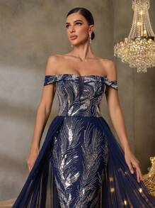 Women's One-Shoulder Sequin-Embellished Evening Gown With Back Tie-Up Closure & Sheer Organza Draping – Elegant Mermaid Silhouette Formal Dress For Gala Dinners, Red Carpet Events, Luxury Weddings, Opera Performances, And Black-Tie Ceremonies