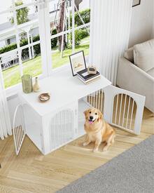 HaluPeit Dog Cage Furniture, 108 Cm Dog Crate For Home, 3 Doors, Arched Door, Modern Indoor Dog Crate For Dogs, Side Table, Heavy-Duty Dog Cage, 108 X 64 X 76 Cm, White - 白色 - 查看 3