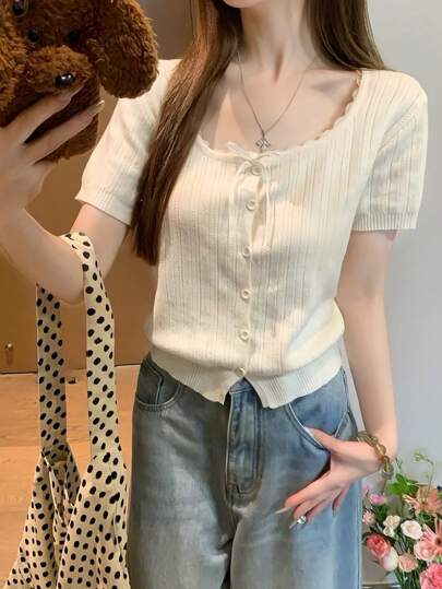 女士甜美可爱方领蕾丝拼接蝴蝶结针织短袖上衣，夏季薄款休闲开衫 白色