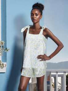 Women's Shorts Outfit Stylish Floral Print Tie-Shoulder Tops With Shorts 2 Pcs Summer Pajamas Set - Màu xanh nhạt - Xem 4