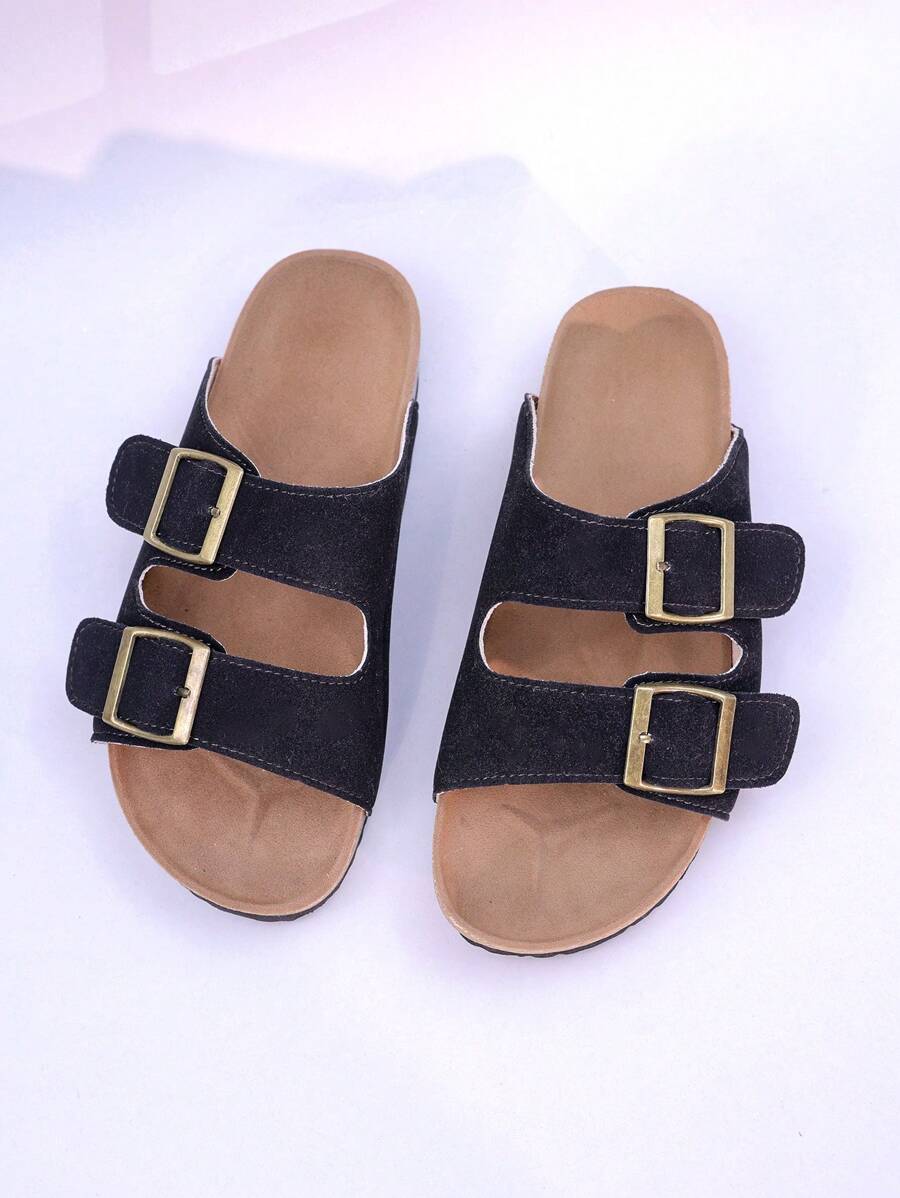 1 Pair Unisex Teens/Couples Metal Buckle Flat Slide Sandals, Comfortable Open Toe, Casual Summer Slippers For Daily Wear